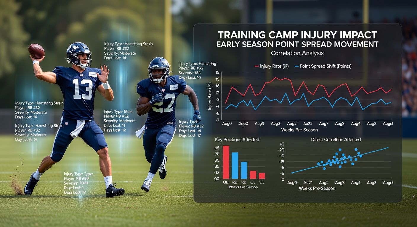 Chart showing NFL training camp injury rates alongside early season point spread changes across multiple seasons