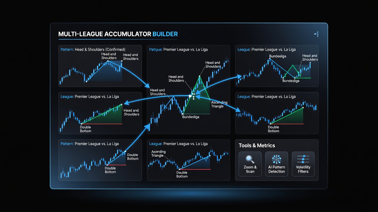 Multi-league accumulator dashboard with overlaid pattern recognition heat maps and correlation scores