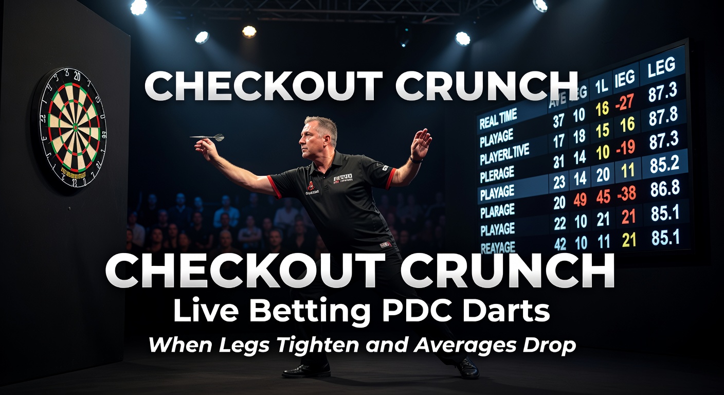 PDC darts players locked in a tense final leg, scoreboard showing dropping averages during a high-stakes match