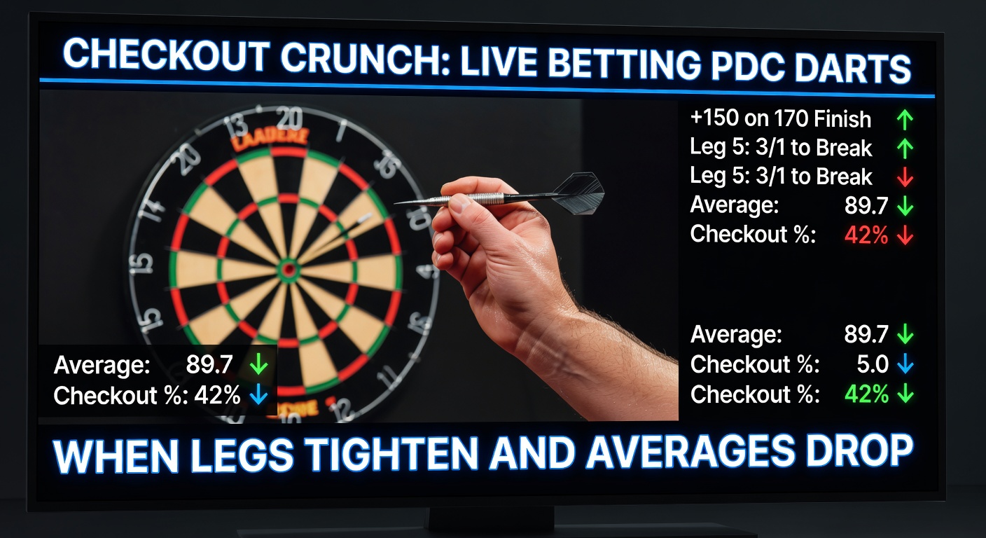 Close-up of a PDC pro missing a crucial double checkout in a packed arena, crowd tension palpable as averages flash low on the screen