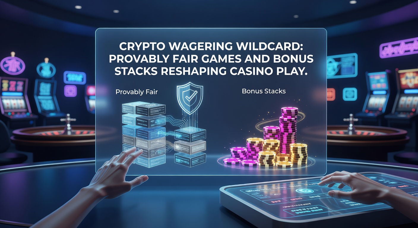 Digital illustration of blockchain-verified dice rolls and stacked bonus icons in a vibrant crypto casino interface