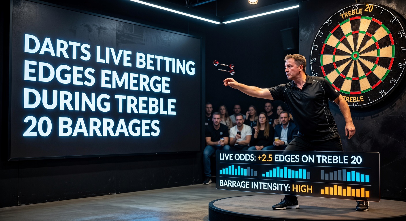 Darts player launching a perfect 180 with three darts embedded in the treble 20 bed during a high-stakes match