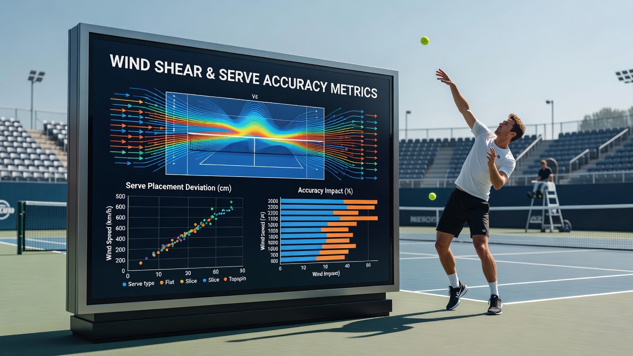 Close-up of tennis ball trajectory analysis with overlaid wind shear vectors on an outdoor court during match play