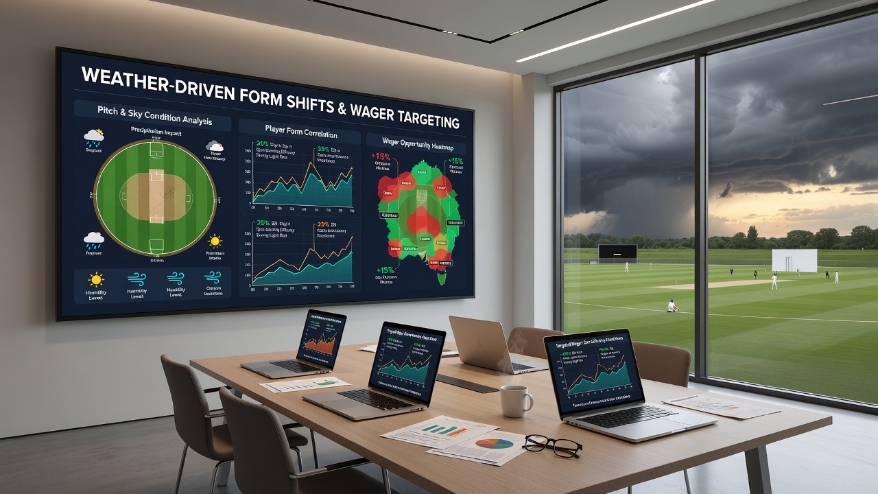 Cricket analysts reviewing weather data and match statistics on tablets during a lower league game