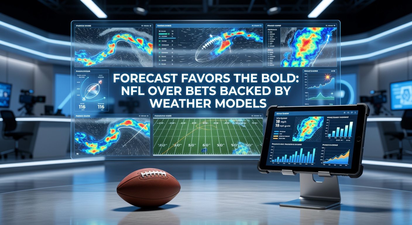 NFL stadium under clear skies with players in action during a high-scoring game, highlighting ideal conditions for over bets