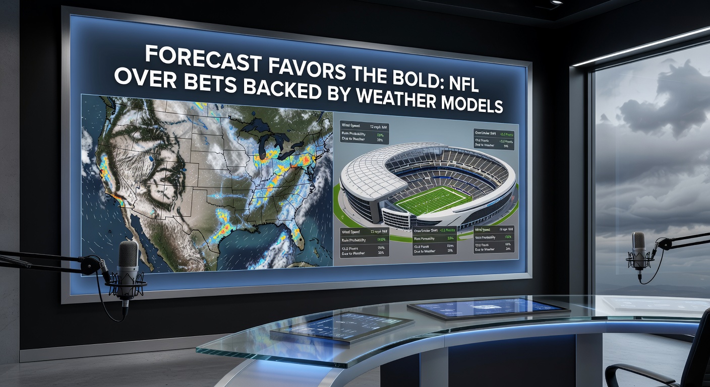 Weather radar overlay on an NFL field map, showing model predictions for clear conditions favoring high-scoring totals