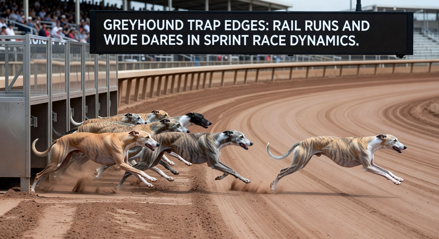 Greyhound dogs bursting from traps at the start of a sprint race, with the inside rail dog gaining an early edge on the bend