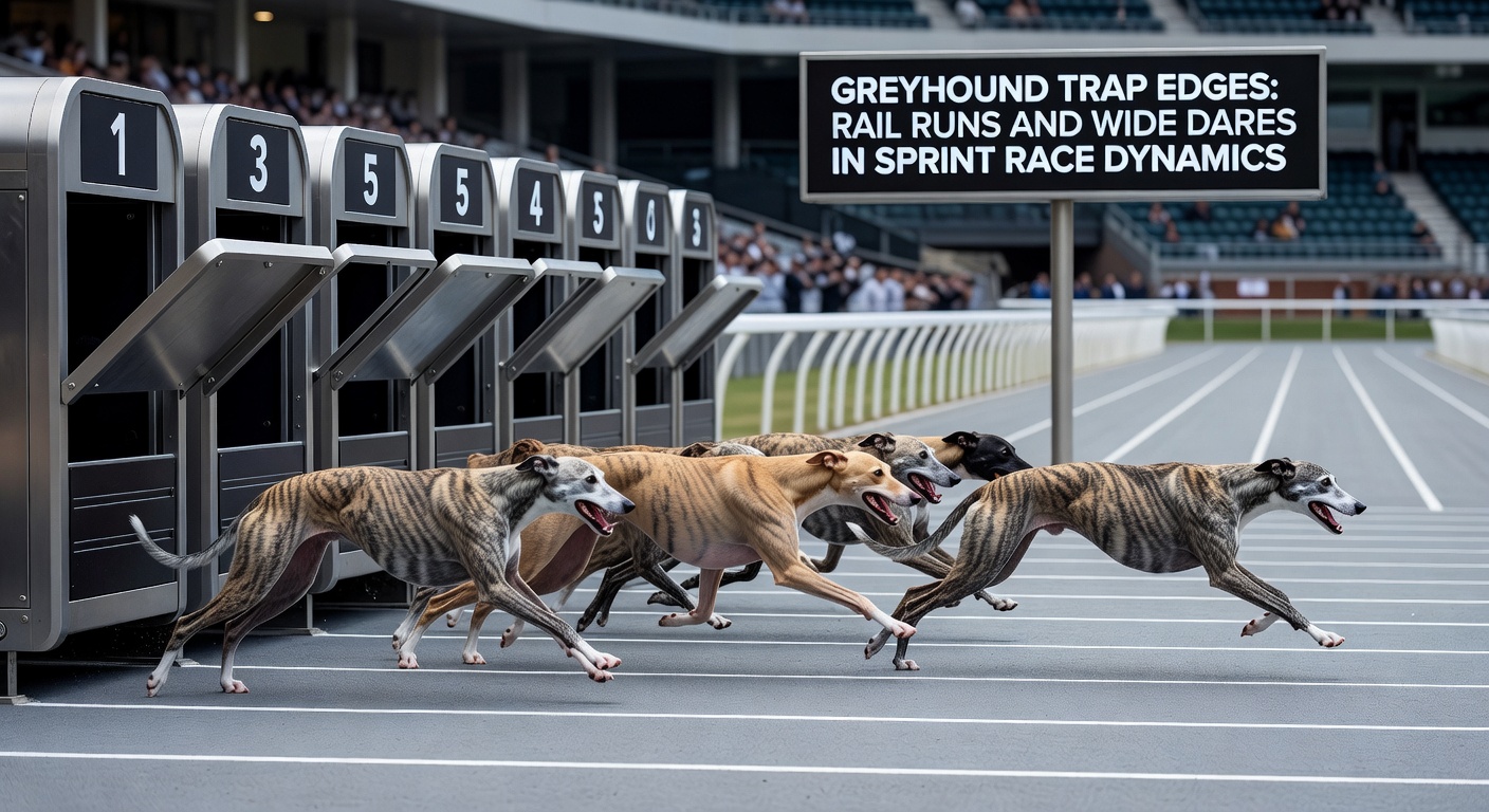A wide trap greyhound powering down the outside lane during a sprint, overtaking rivals on the final straight
