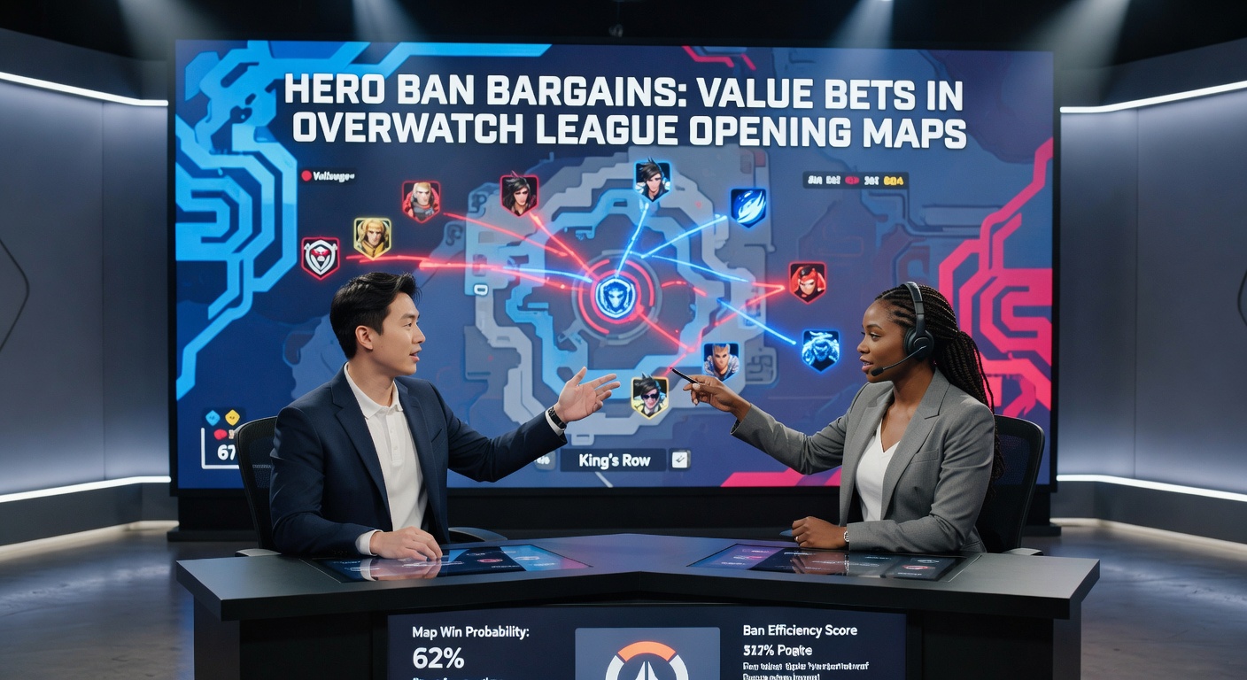 Close-up of an Overwatch League draft screen showing hero bans for map 1, with team logos and tense crowd in the background