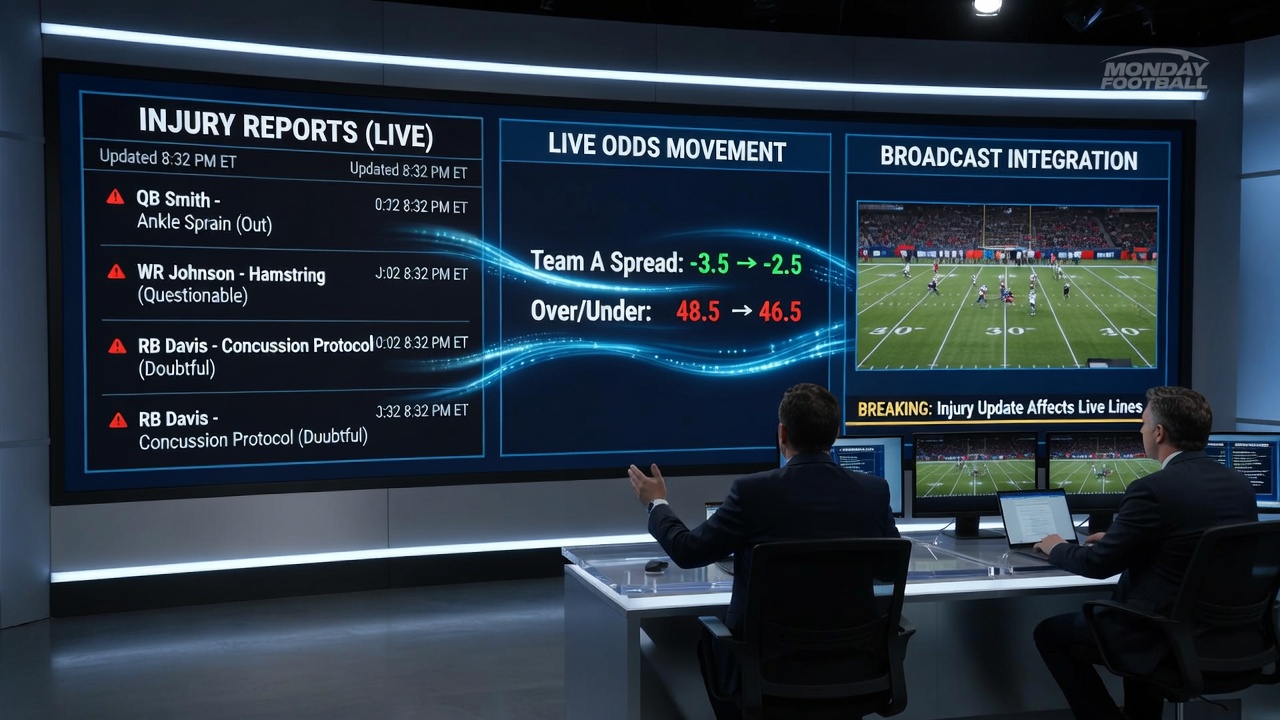 Betting terminal displaying live NFL odds changing after an injury announcement during a Monday night game