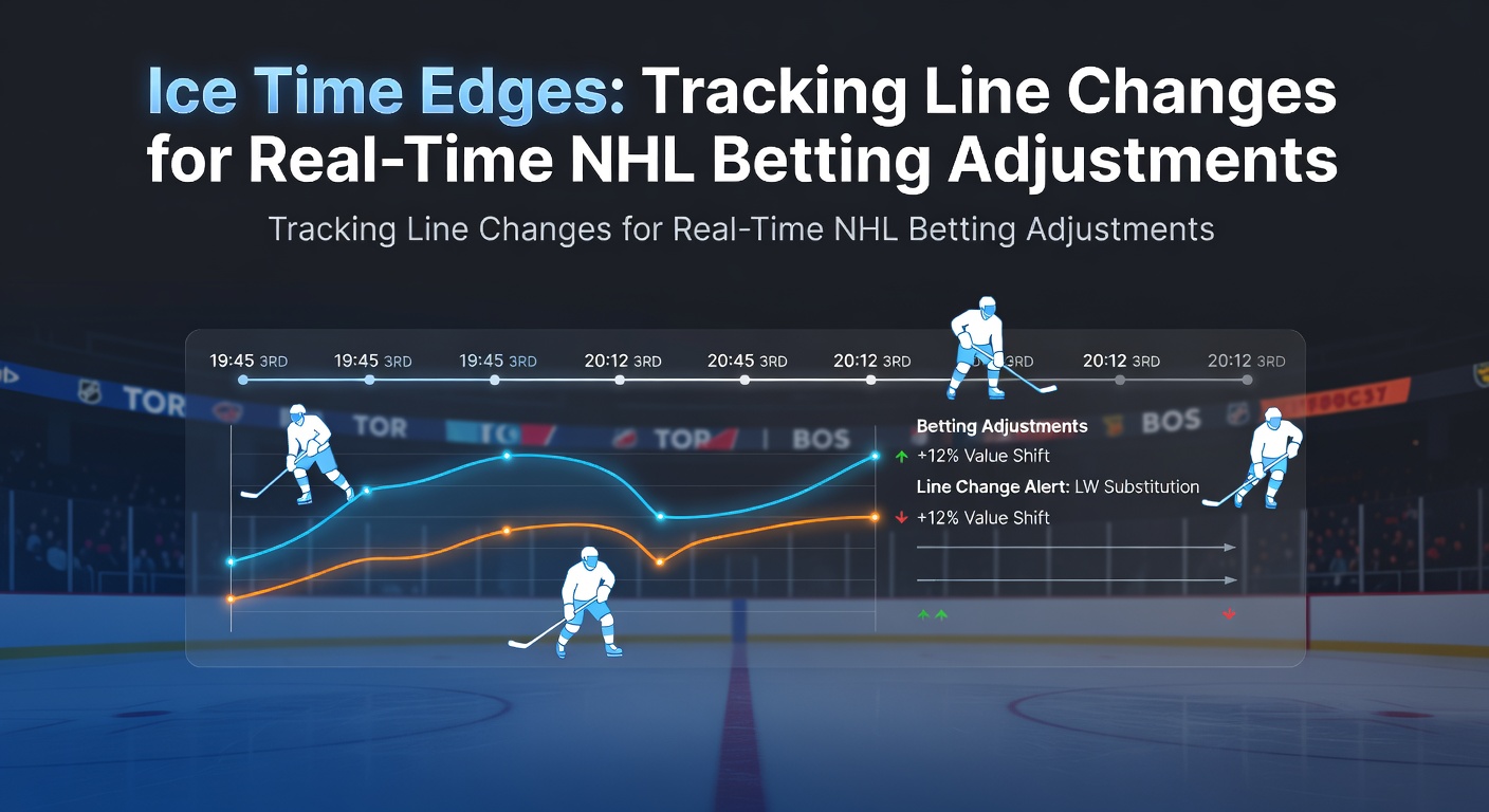 Hockey players changing lines on the ice during an NHL match with betting data overlays