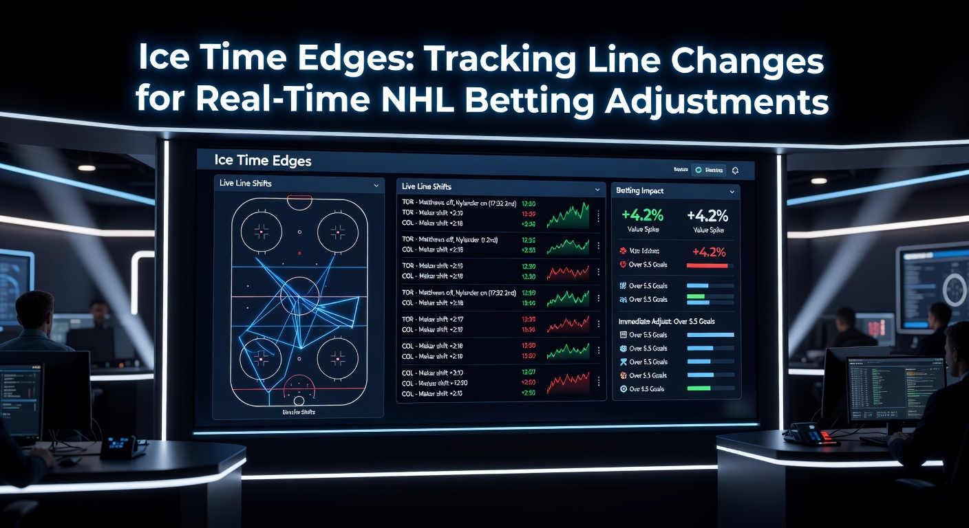 Close-up view of NHL bench with coaches signaling line changes and digital stats displays