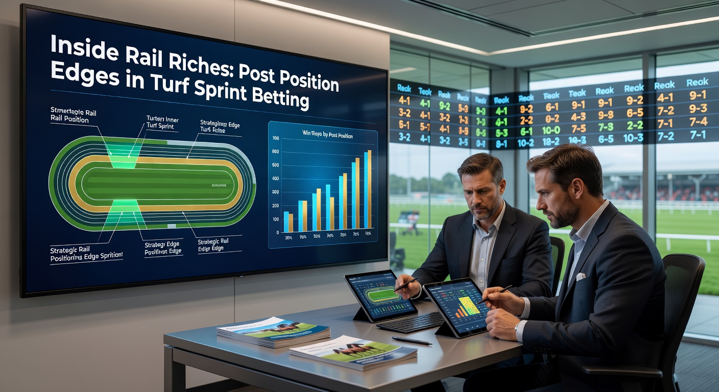 A field of horses thundering down the rail in a tight turf sprint, highlighting inside post advantages at a major track