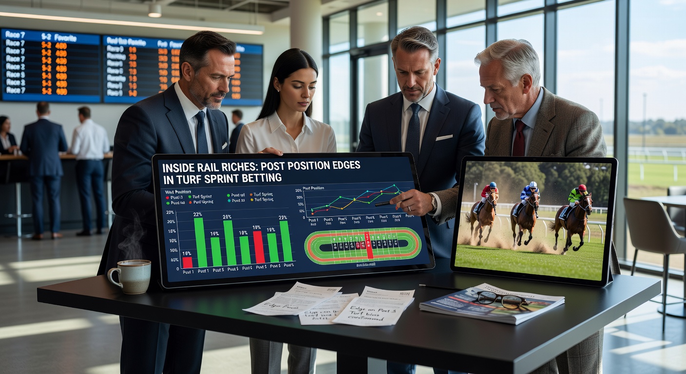 Close-up of a turf sprint start gate, emphasizing post positions and early rail positioning