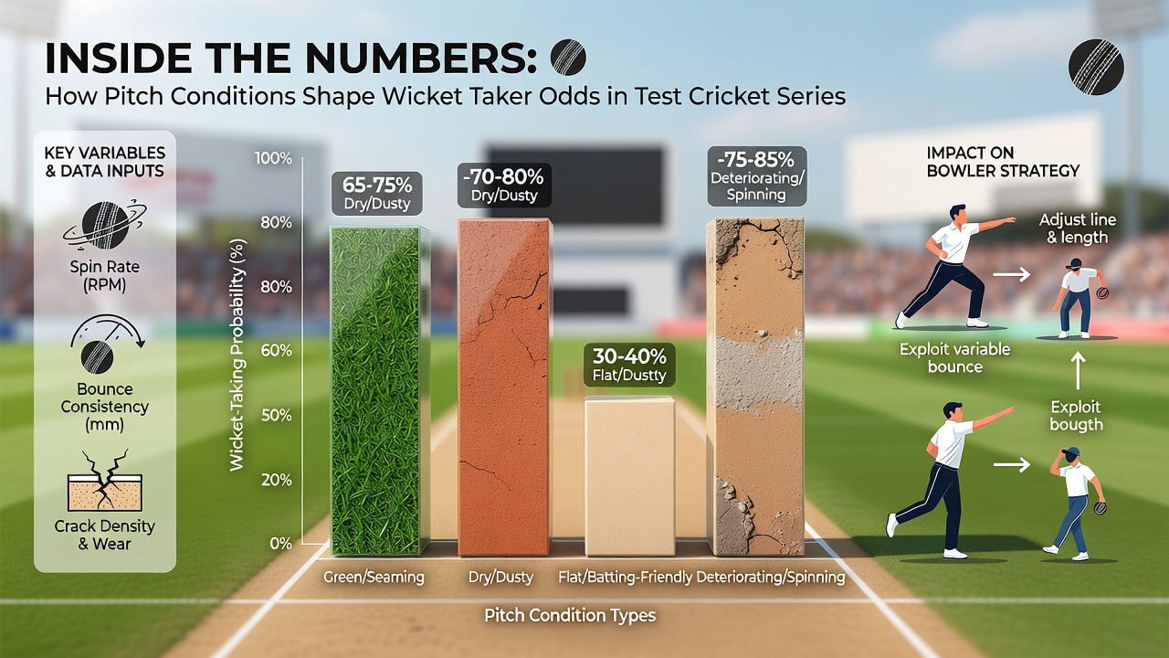 Close-up of cricket pitch cracks and dry surface influencing spin bowling performance
