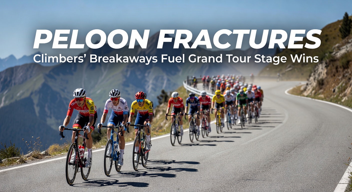 A group of climbers surges ahead during a mountainous Grand Tour stage, leaving the fractured peloton trailing in the distance amid steep alpine gradients