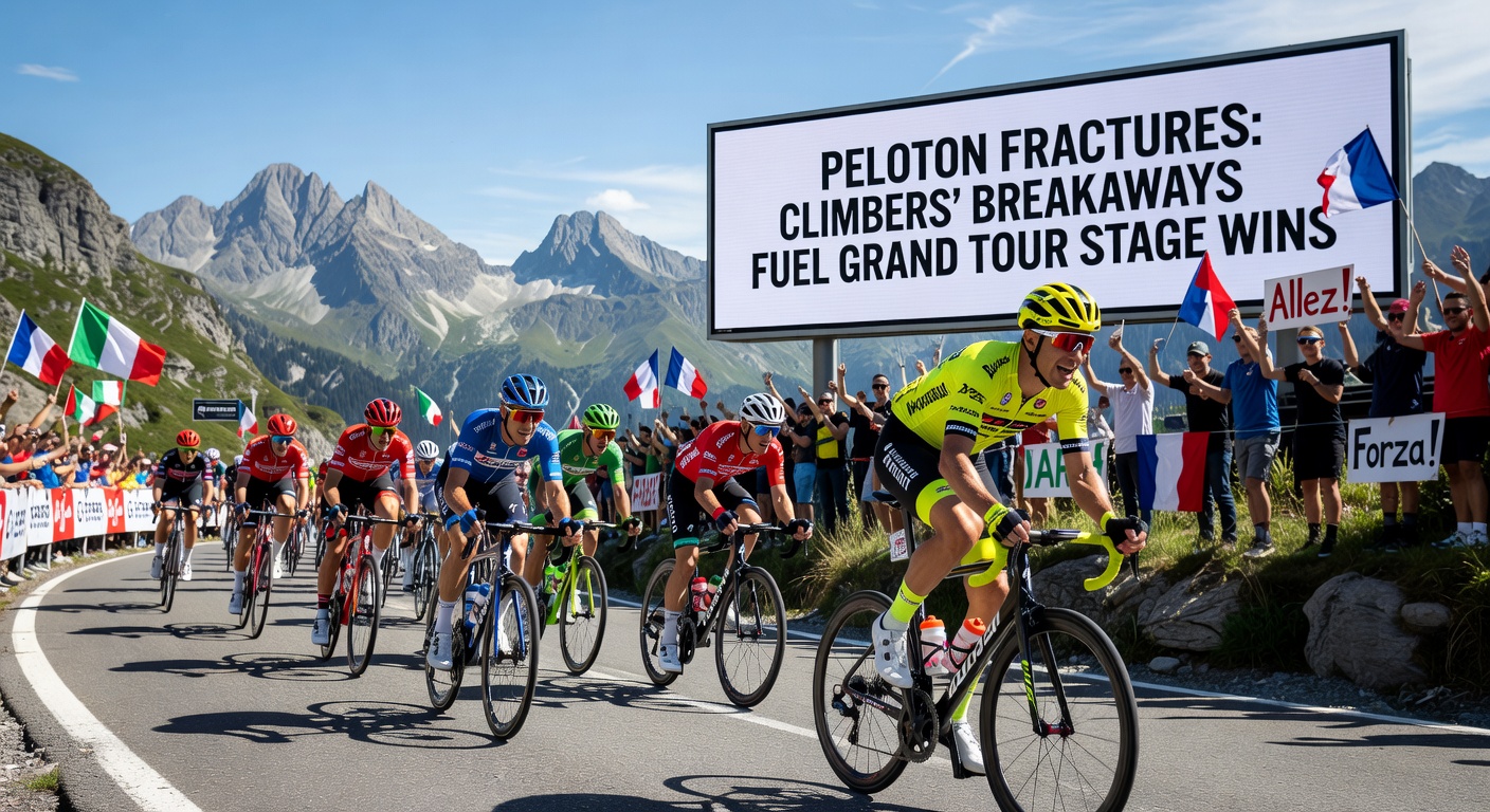 Dramatic peloton fracture on a twisting mountain road, with climbers forging ahead as the main group splinters amid fog-shrouded peaks