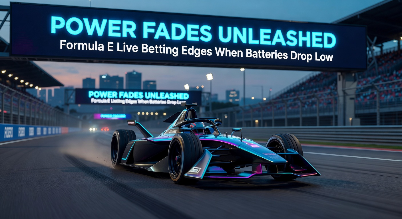 Formula E Gen3 car navigating a tight urban circuit with battery management display highlighting fading power levels during a late-race surge