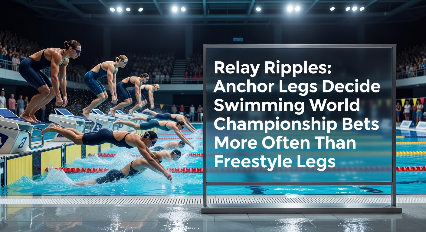Dramatic handoff in a 4x100m freestyle relay at the World Aquatics Championships, with the anchor swimmer diving in to chase down the lead