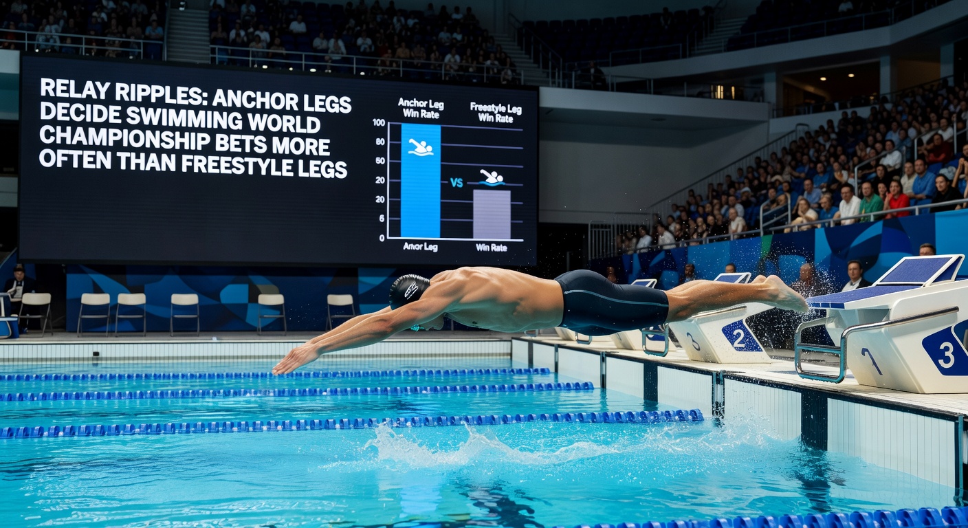 Anchor swimmer powering through the final 50m in a World Championship relay final, water spraying as the crowd roars