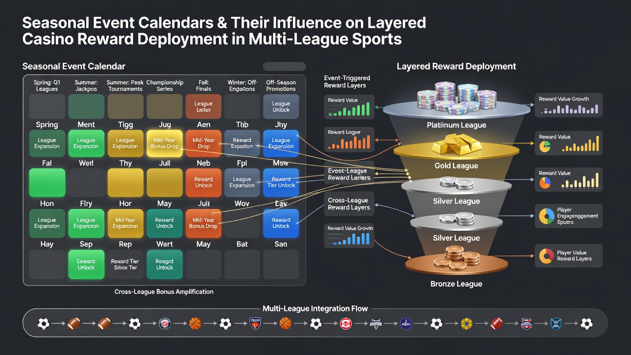 Casino reward dashboard showing layered bonuses aligned with multiple sports league calendars