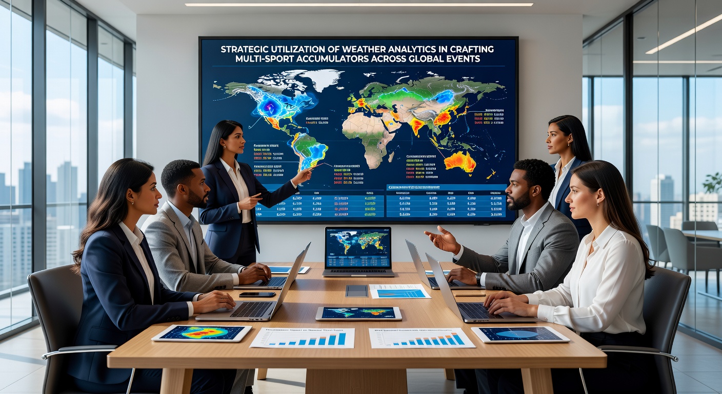 Analysts reviewing multi-sport event maps with overlaid weather probability layers
