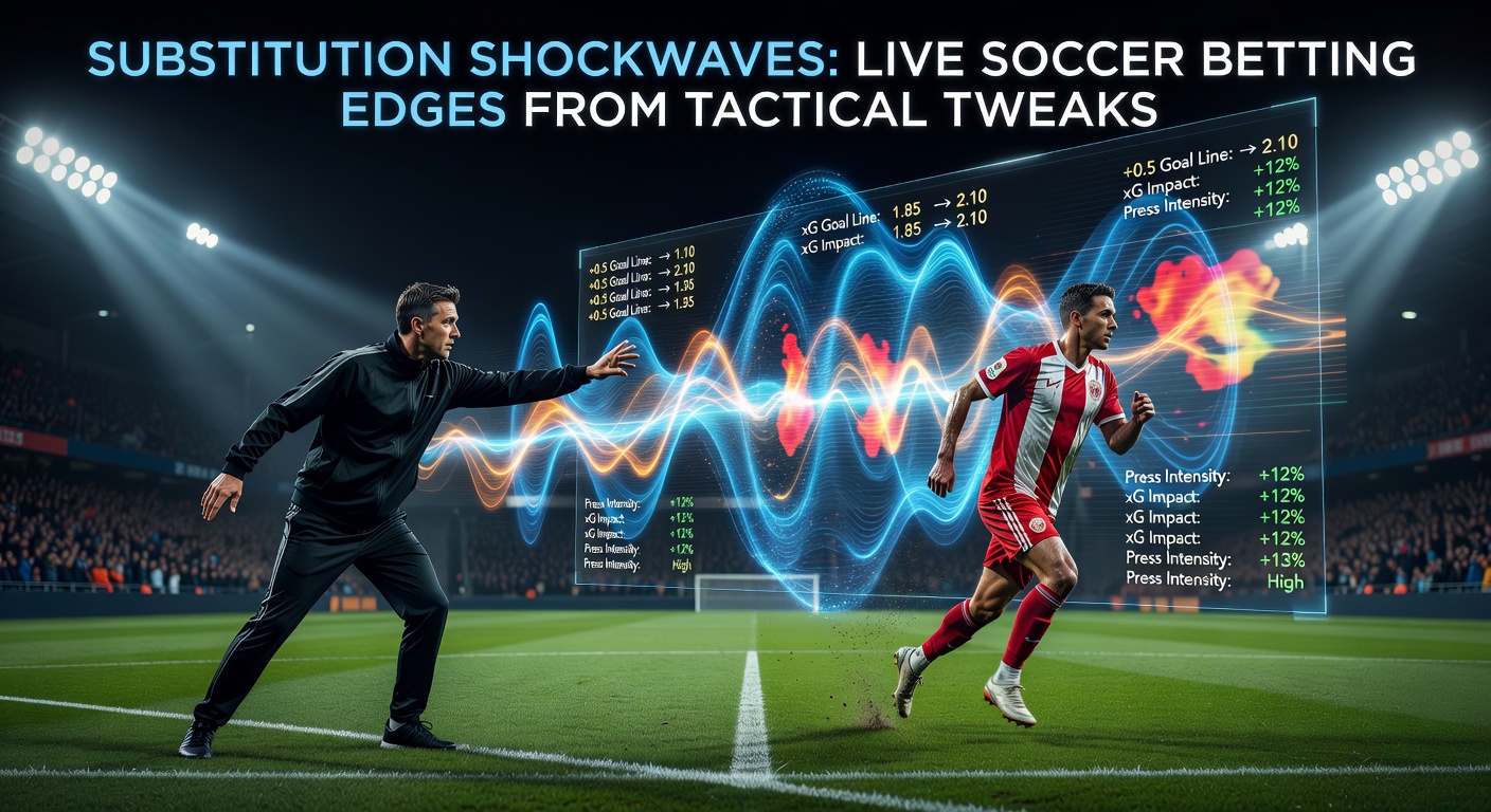 Soccer coach signals a substitution during a tense match, players react on the pitch as odds boards flicker in the background