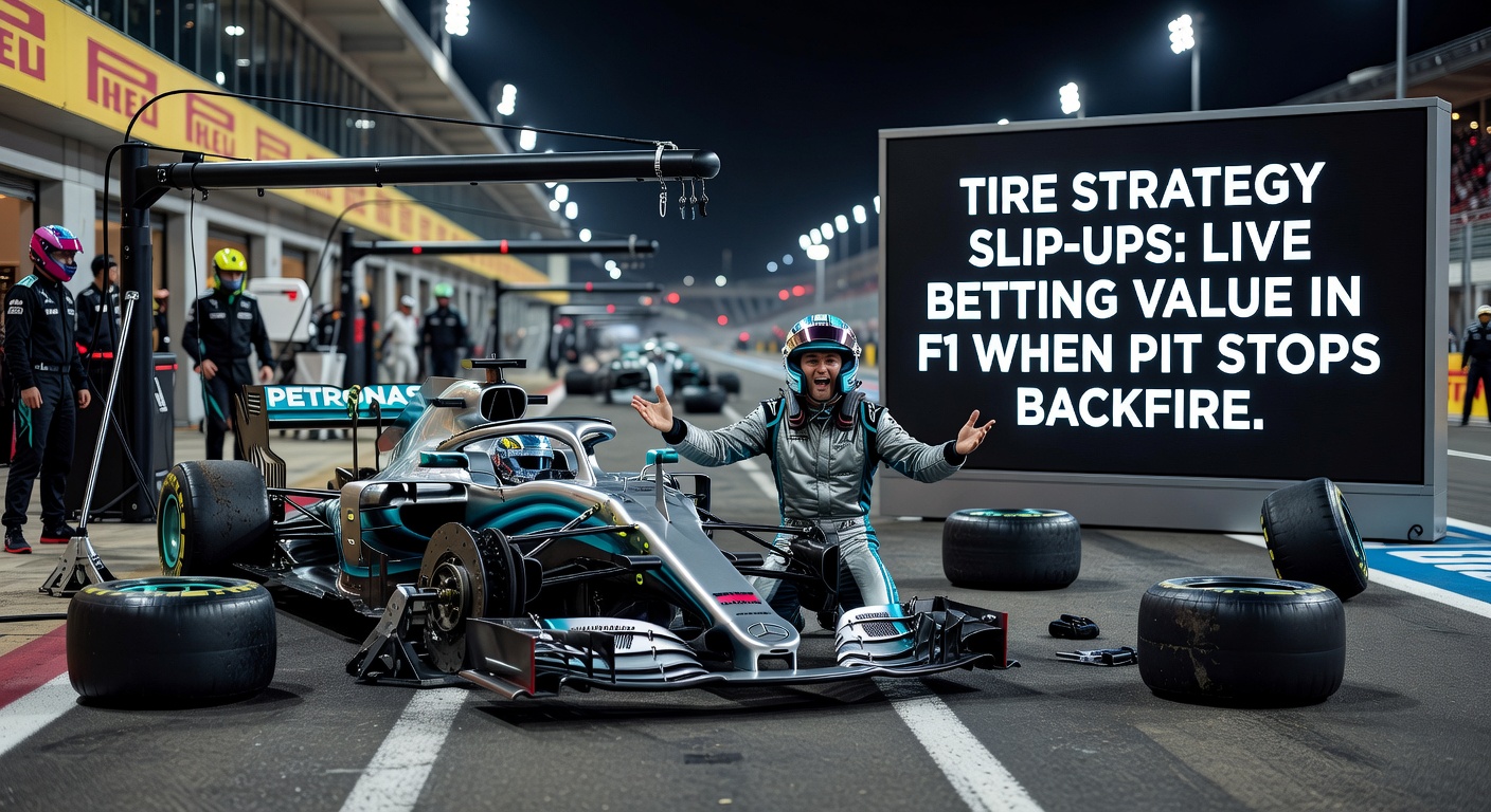 Close-up of F1 pit crew changing tires at record speed, with a strategy board showing frantic adjustments amid a race-reddened sky