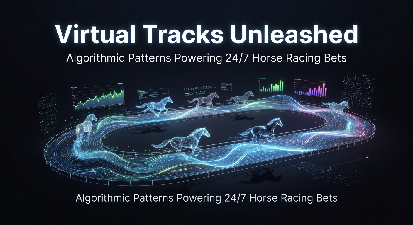 Digital horses racing on a vibrant virtual track with glowing algorithms overlay