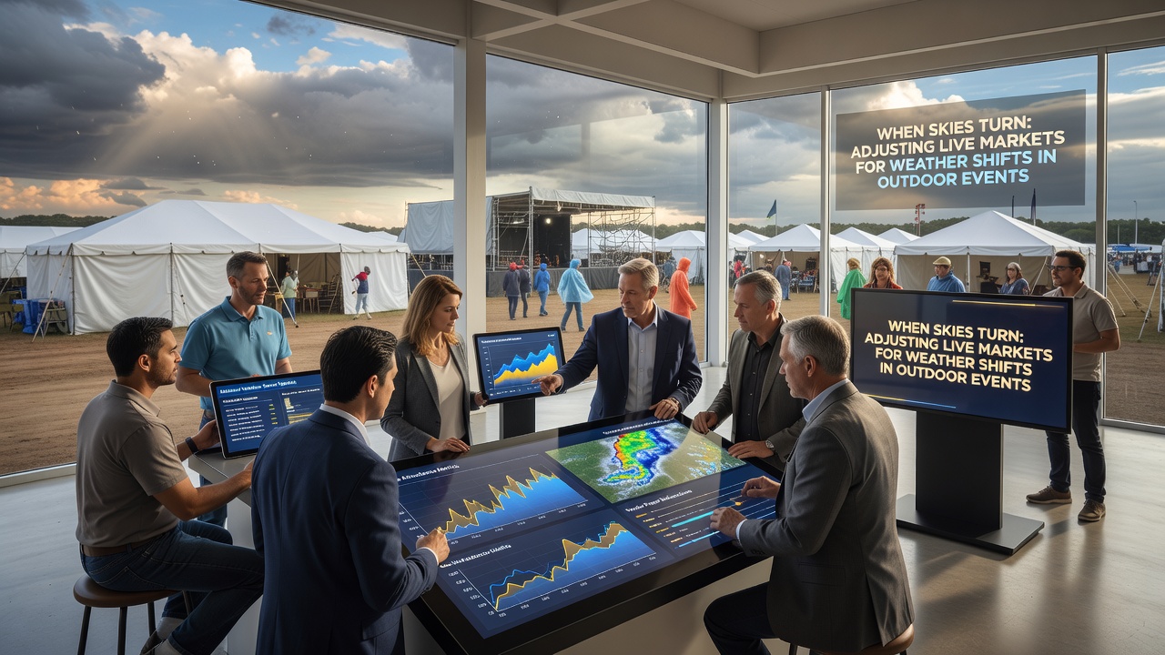 Live betting terminal screen displaying paused markets during a weather delay at an outdoor stadium