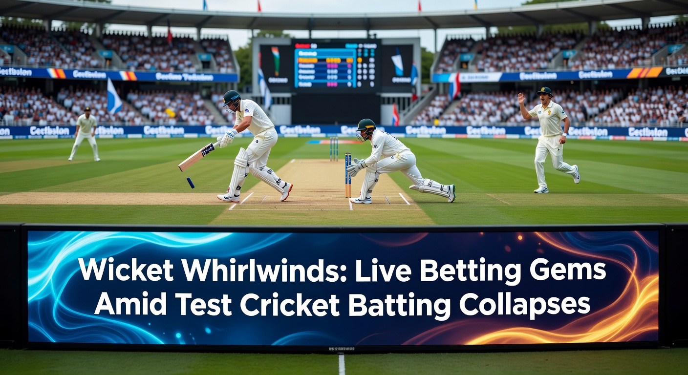 Test cricket players reacting to a sudden wicket fall during a batting collapse, with the scoreboard showing rapid dismissals